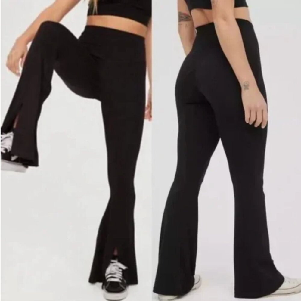 Offline by Aerie Black Real Me Xtra High Rise Long Flare Slit Leggings sz Small - Picture 6 of 8